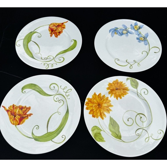 SET of 4 WESTBURY COURT Dinner Plates 10.5” LYRICAL BLOOMS Tulip Sunflower -BA - Picture 1 of 9